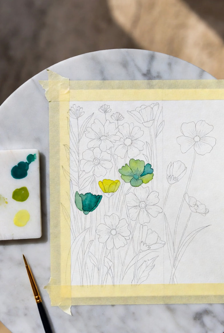 Artistic depiction of flowers on a marble surface with a brush and watercolor swatches.