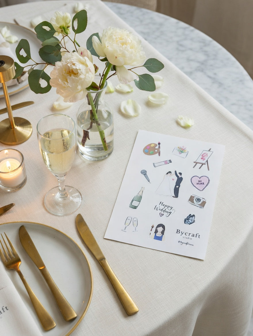 Table setting with white flowers, gold cutlery, and a Bycraft branded sticker sheet.