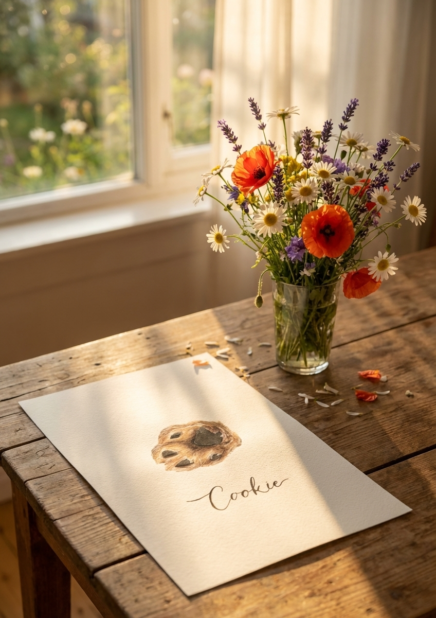 Vase of flowers on a wooden table with pet paw watercolor artwork