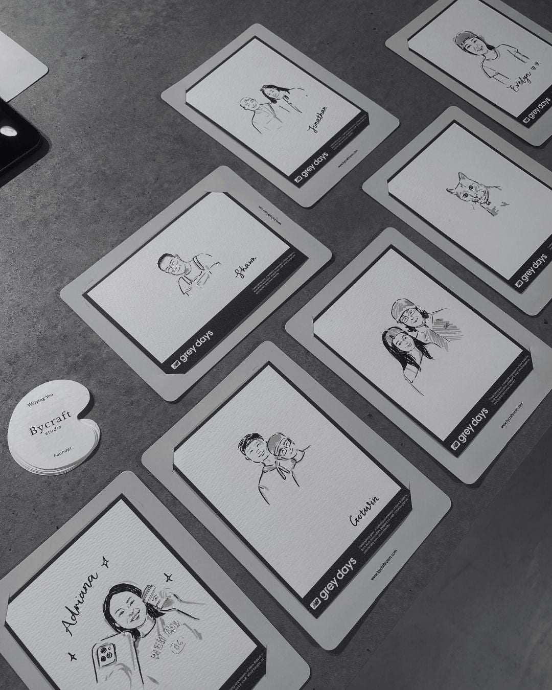 Set of cards with portrait live illustrations and text on a dark surface