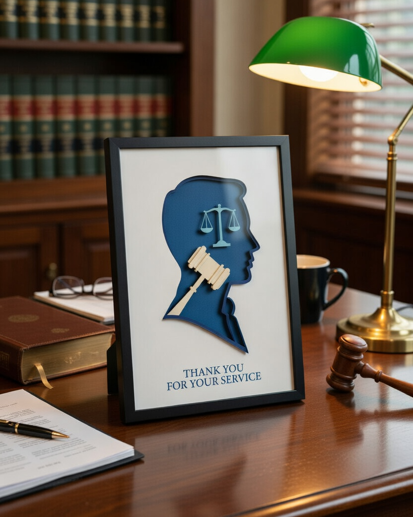 Framed picture on a desk with a gavel and books in the background