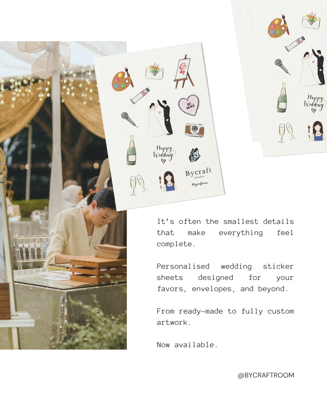 Personalised wedding sticker sheets with a blurred background of a wedding setting.