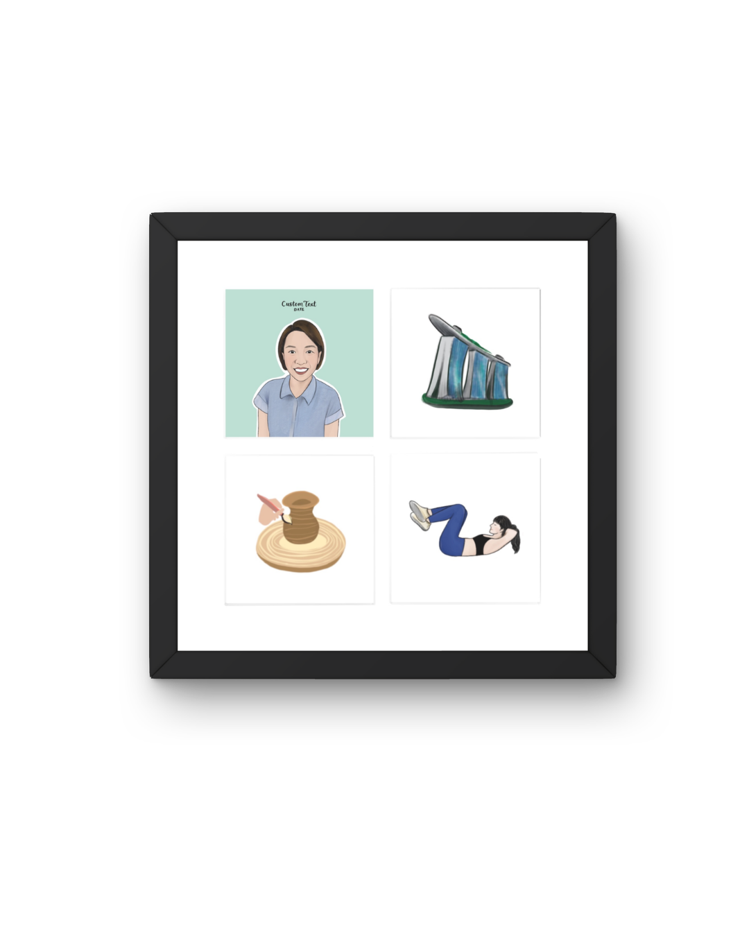 Framed artwork with illustrations of a person, a building, a gavel, and a person lying on the ground.