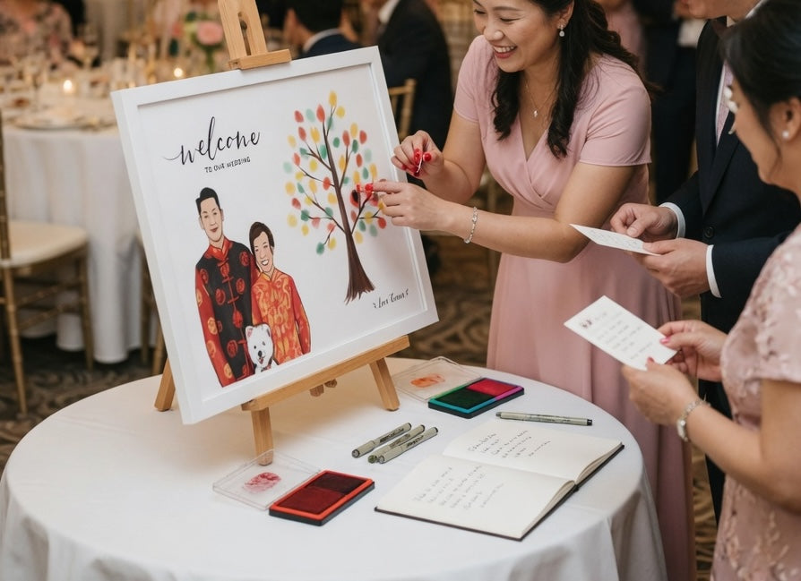 People interacting with a wedding guestbook with a family tree design on a table.