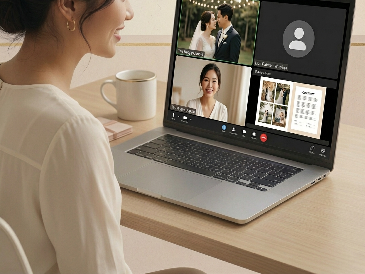 Person using a laptop in a video call with a wedding couple and another person on a wooden desk.