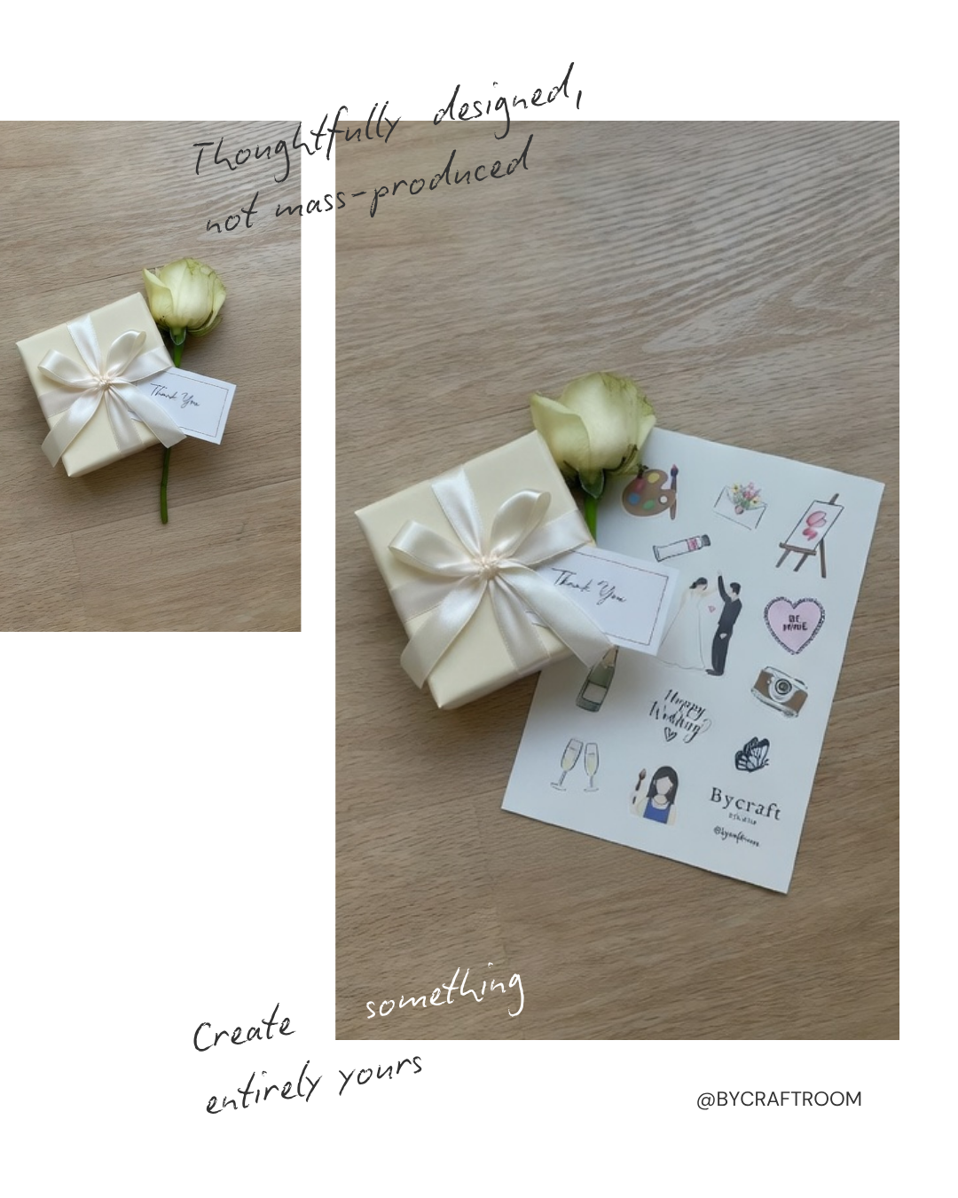 Gift box with a white rose and a card on a wooden surface, with text 'Thoughtfully designed, not mass-produced' and 'Create entirely yours'.