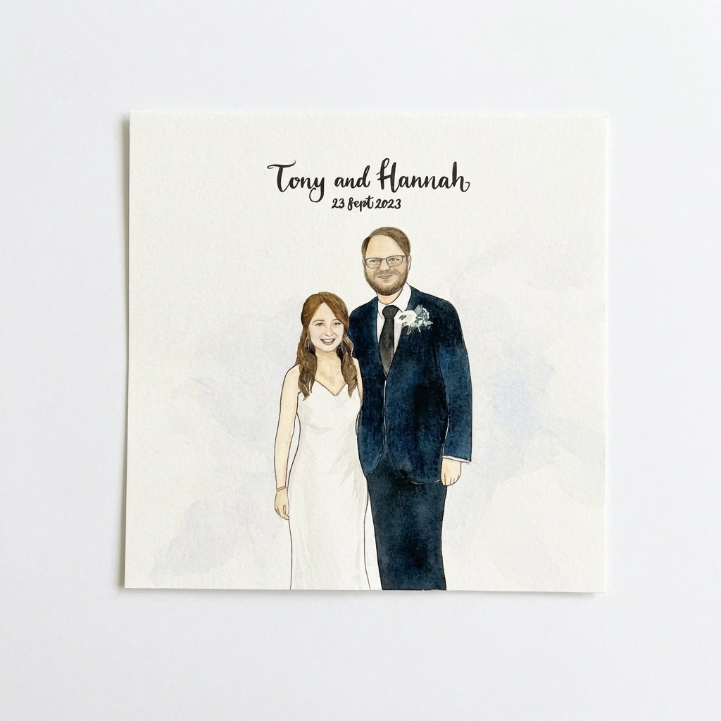 Illustration of a western bride and groom with personalized text on a light background