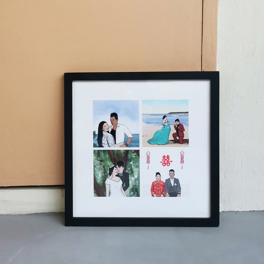 Couple portrait collage four squares in black frame.