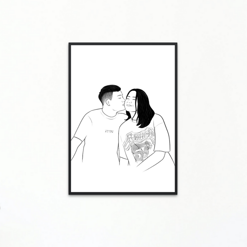 Black and white portrait line art featuring a couple.