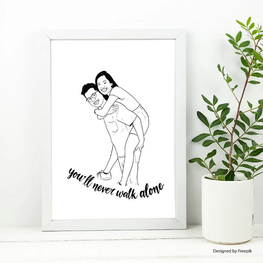 Minimal and simple black and white portrait line art of a happy couple hugging in a white frame.