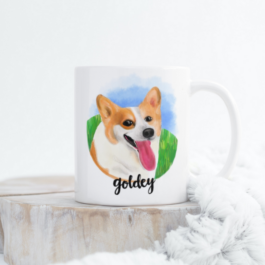 Custom corgi dog portrait mug.