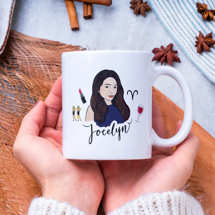 Custom portrait mug of a lady with her favourite things such as red wine.