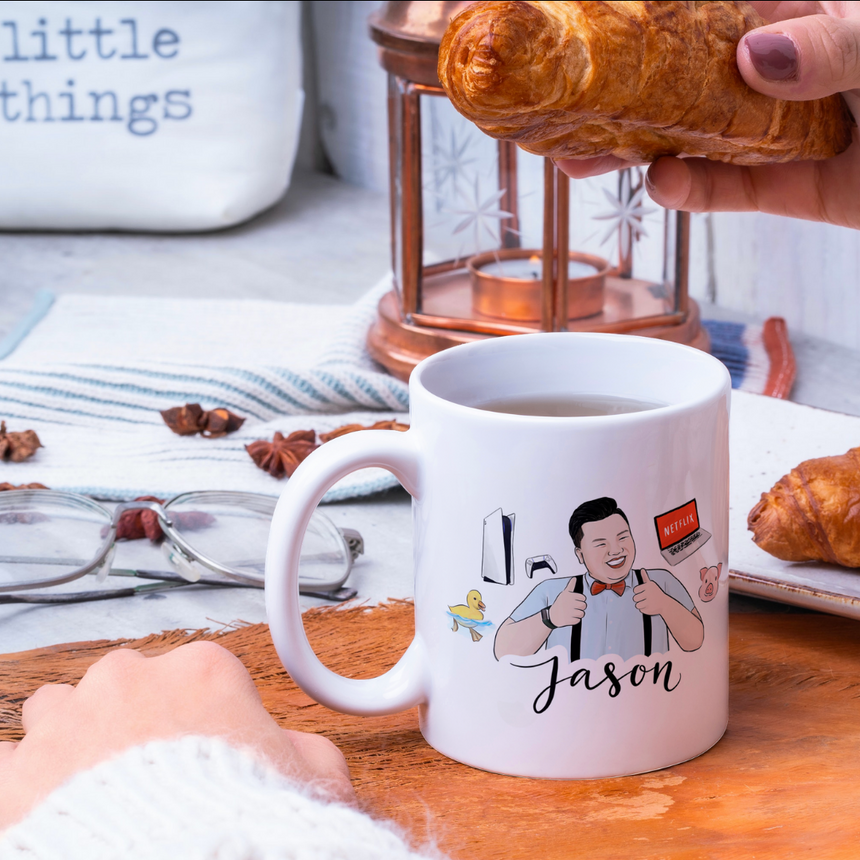 Having breakfast and tea with a custom portrait mug of a husband portrait drawing.