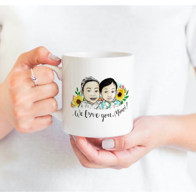 A floral design custom portrait mug of two siblings.