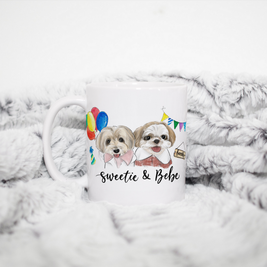 A custom pet mug of two dog portraits with balloons and birthday background design.