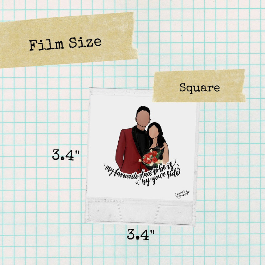 Portrait film in Square is 3.4" by 3.4" in size.