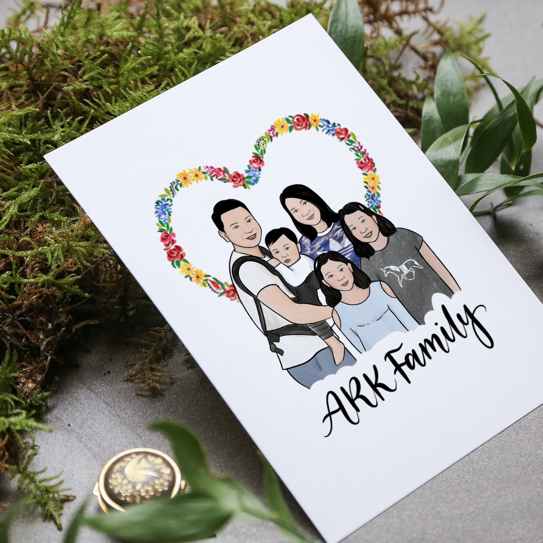 Family of five digital portrait illustration print.