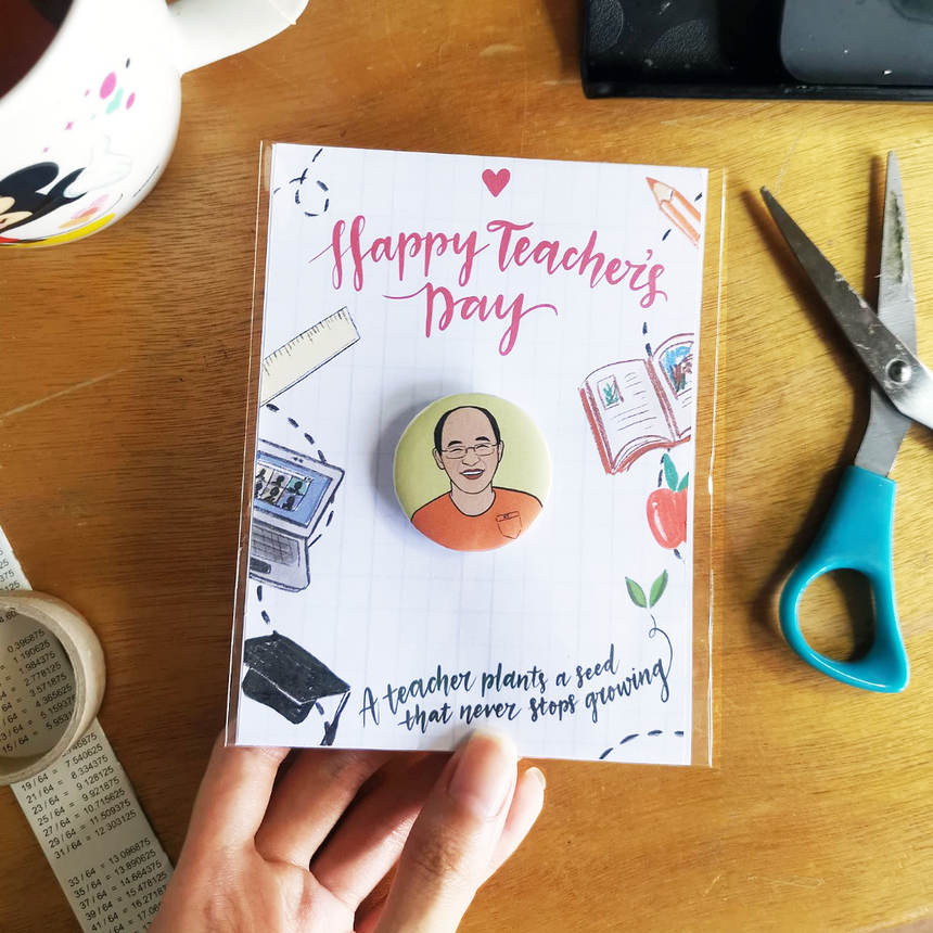 Example of a personalised portrait pin in Happy Teacher's Day packaging design.