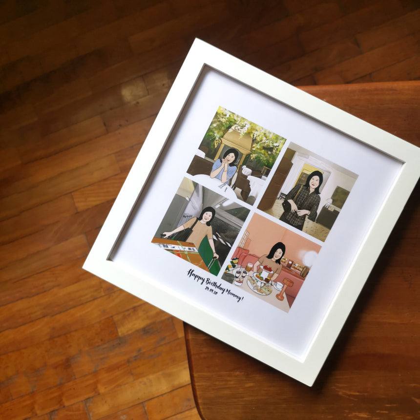Four squares portrait collage in white frame for mom's birthday gift.