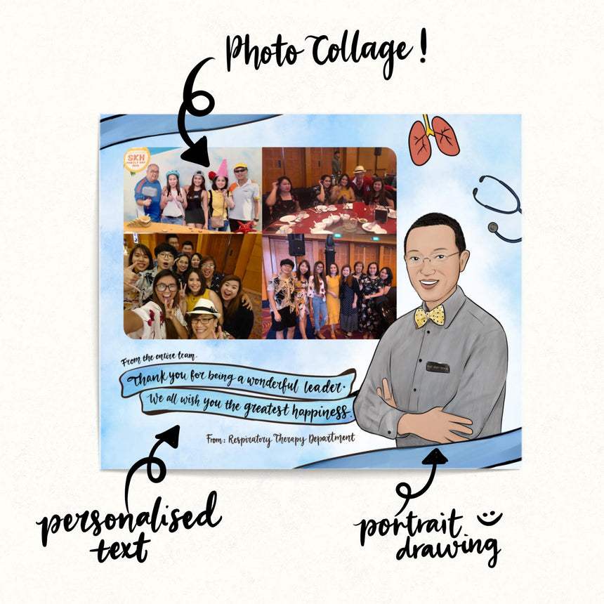Customise the collage frame with a personalised text banner, portrait drawing and a custom photo collage.