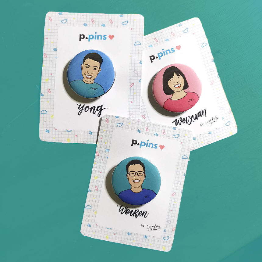 Three portrait pins examples with packaging.