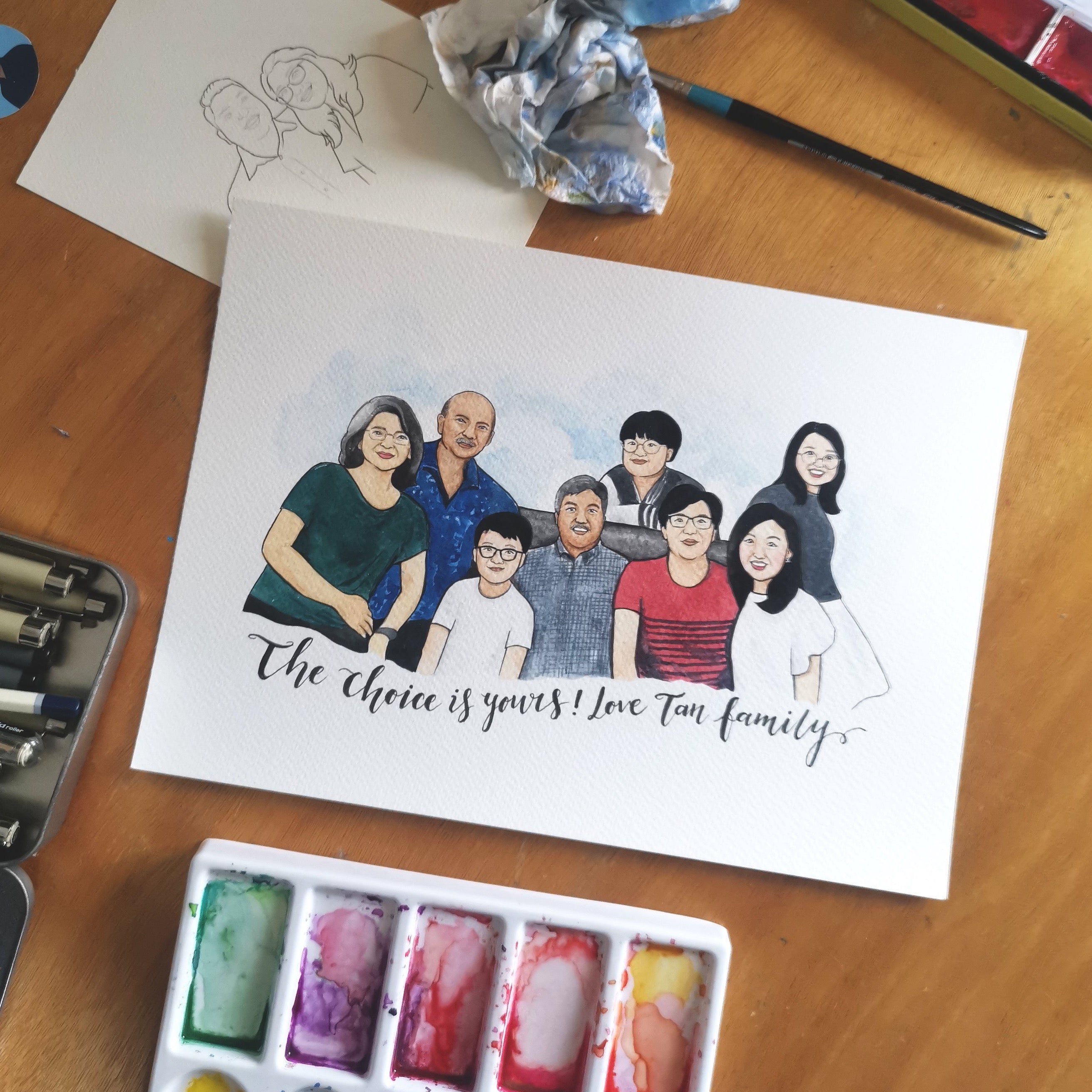 Family portrait of eight in watercolor