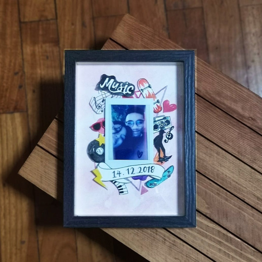 Watercolor music and skater lover papercut themed design with a couple photo in a black frame.