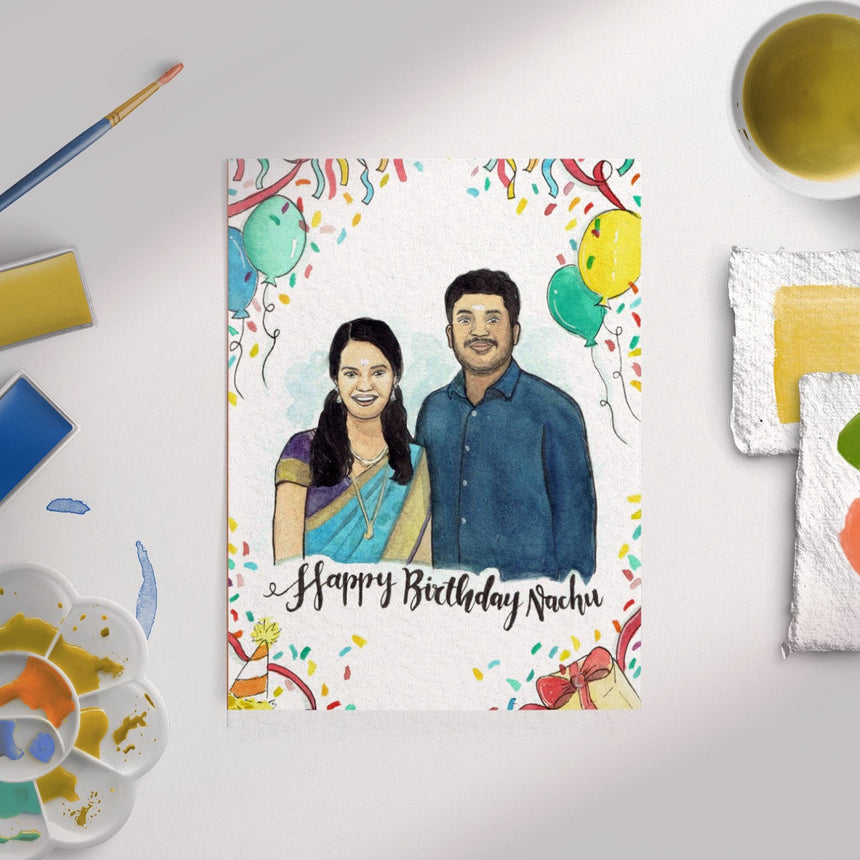 A custom watercolor couple portrait illustration with birthday themed background design.