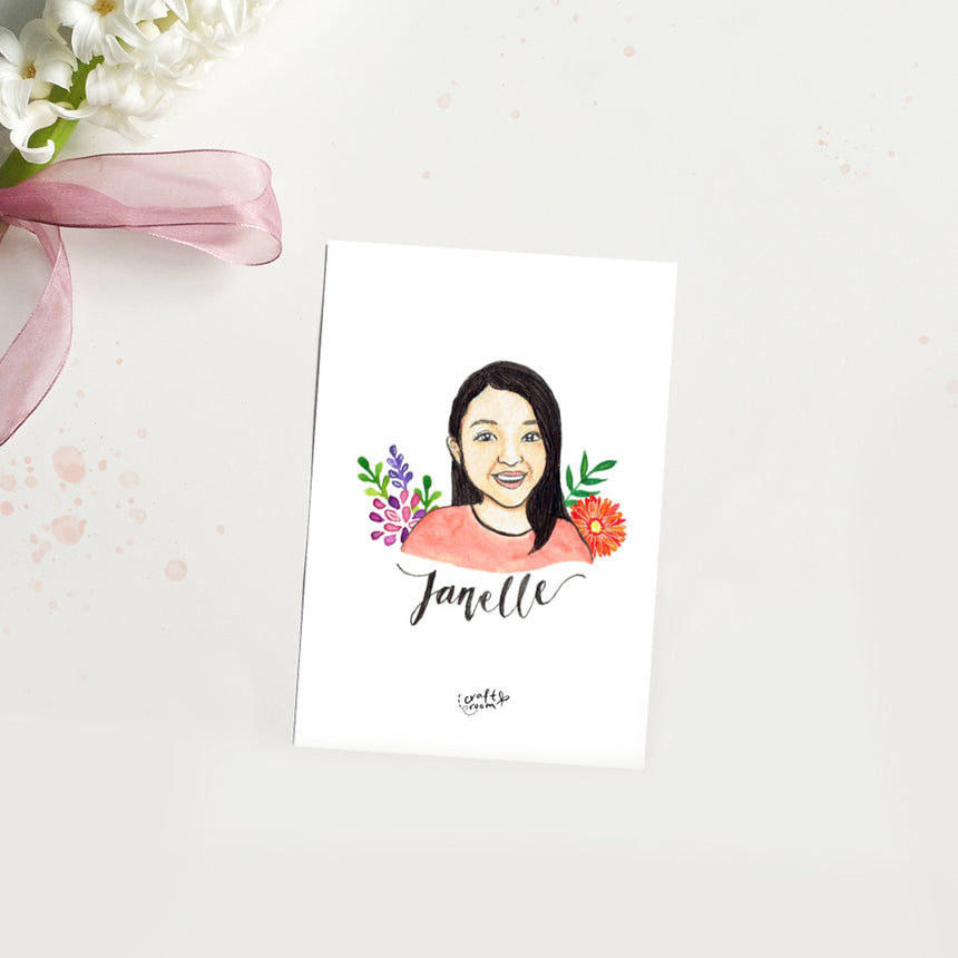 Watercolor portrait illustration of a female child with floral design.