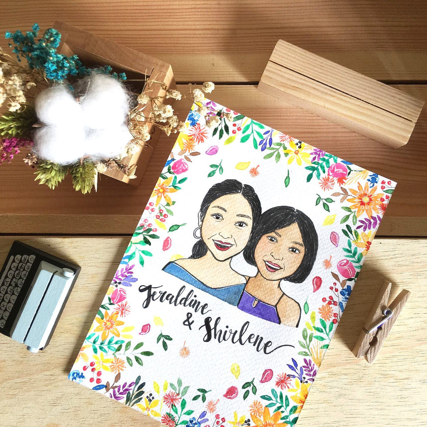Personalised watercolor portrait illustration of two friends in colourful flowers border.