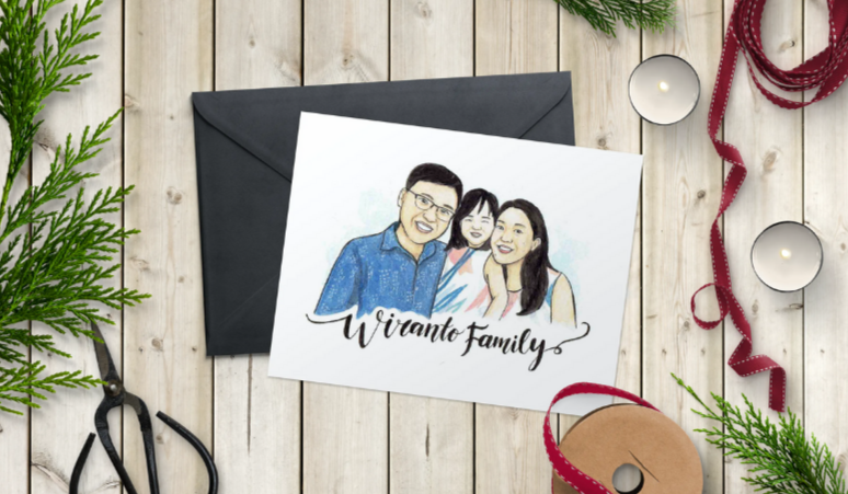 A watercolor family portrait in a christmas festive setting.