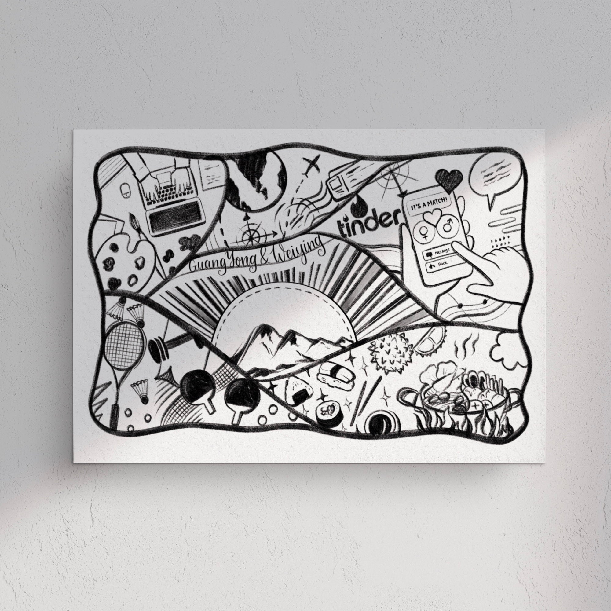 A personalised hand-drawn black and white doodle map illustration with various elements such as a sun, moon, stars, and personalized text.